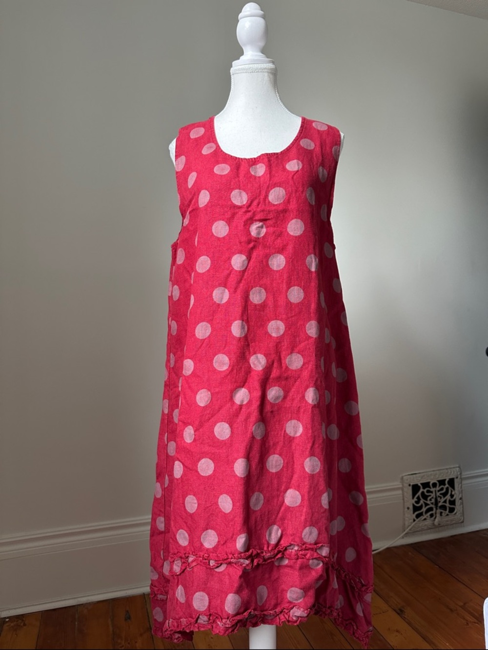 TALIA BENSON 100% Linen Red Polka Dot High Low Ruffle‎ Midi Dress Size Large